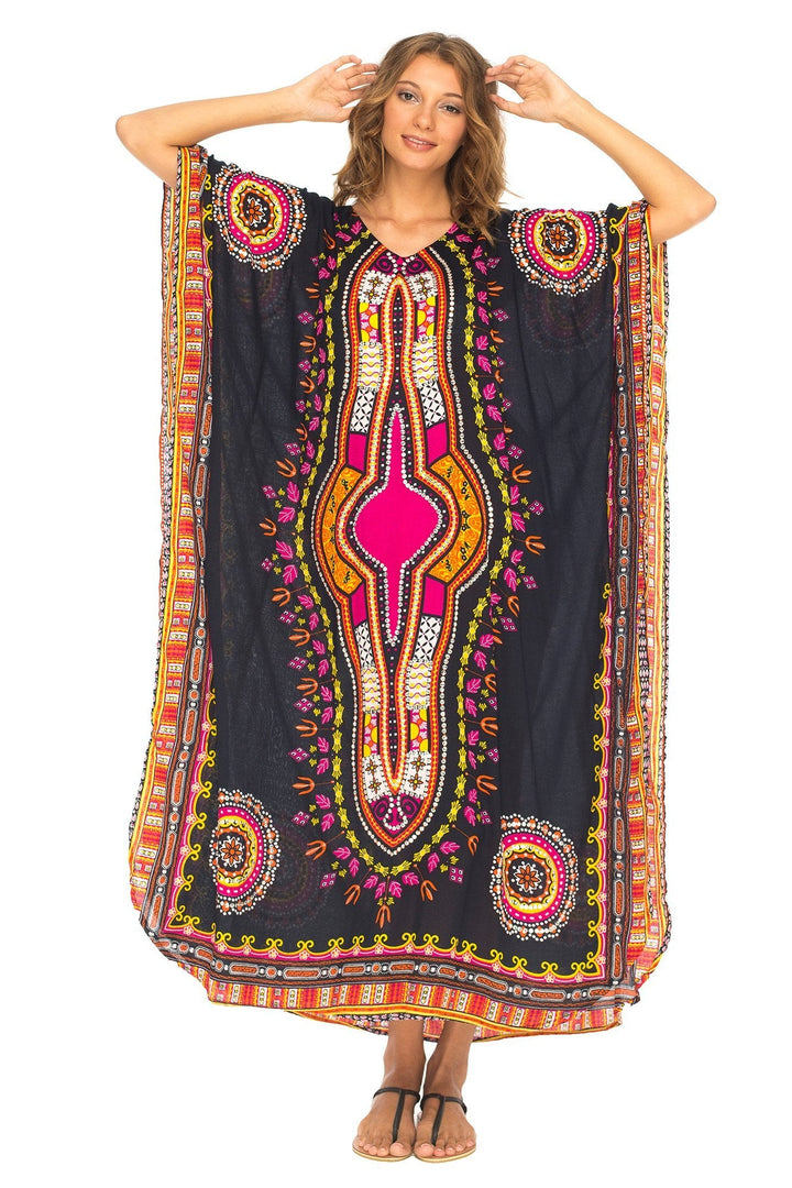 SHU - SHI Women's Ethnic V - Neck Kaftan Maxi Dress - Long Loose Casual Dashiki Beach Cover - Up with Sequins - Love ShuShi