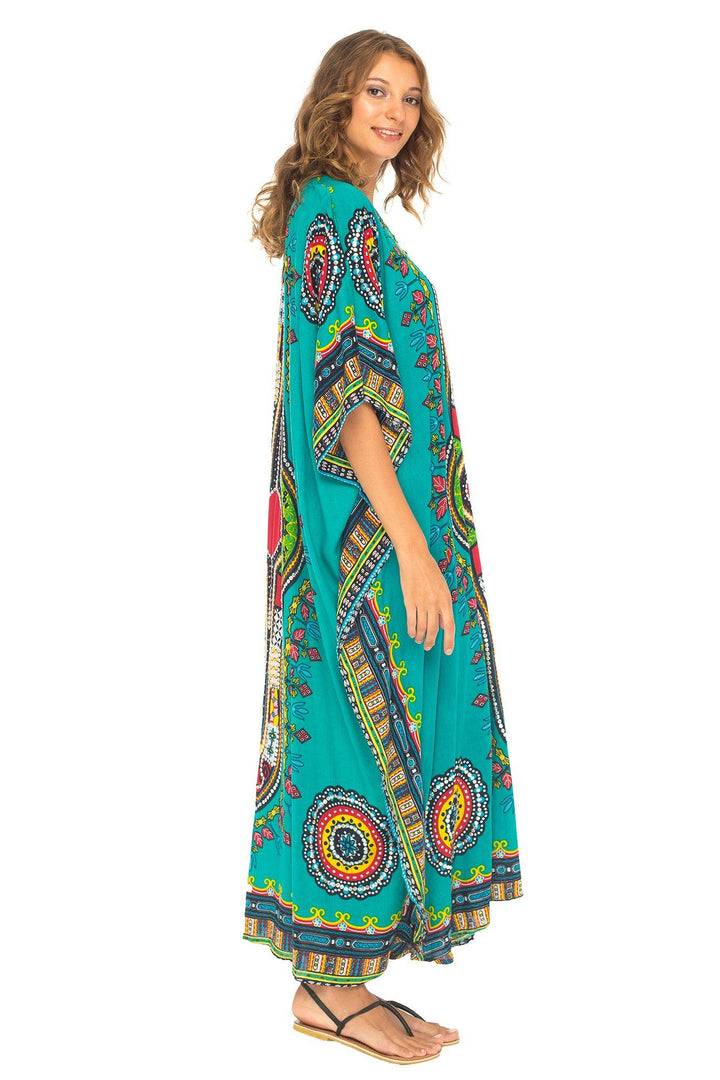 SHU - SHI Women's Ethnic V - Neck Kaftan Maxi Dress - Long Loose Casual Dashiki Beach Cover - Up with Sequins - Love ShuShi