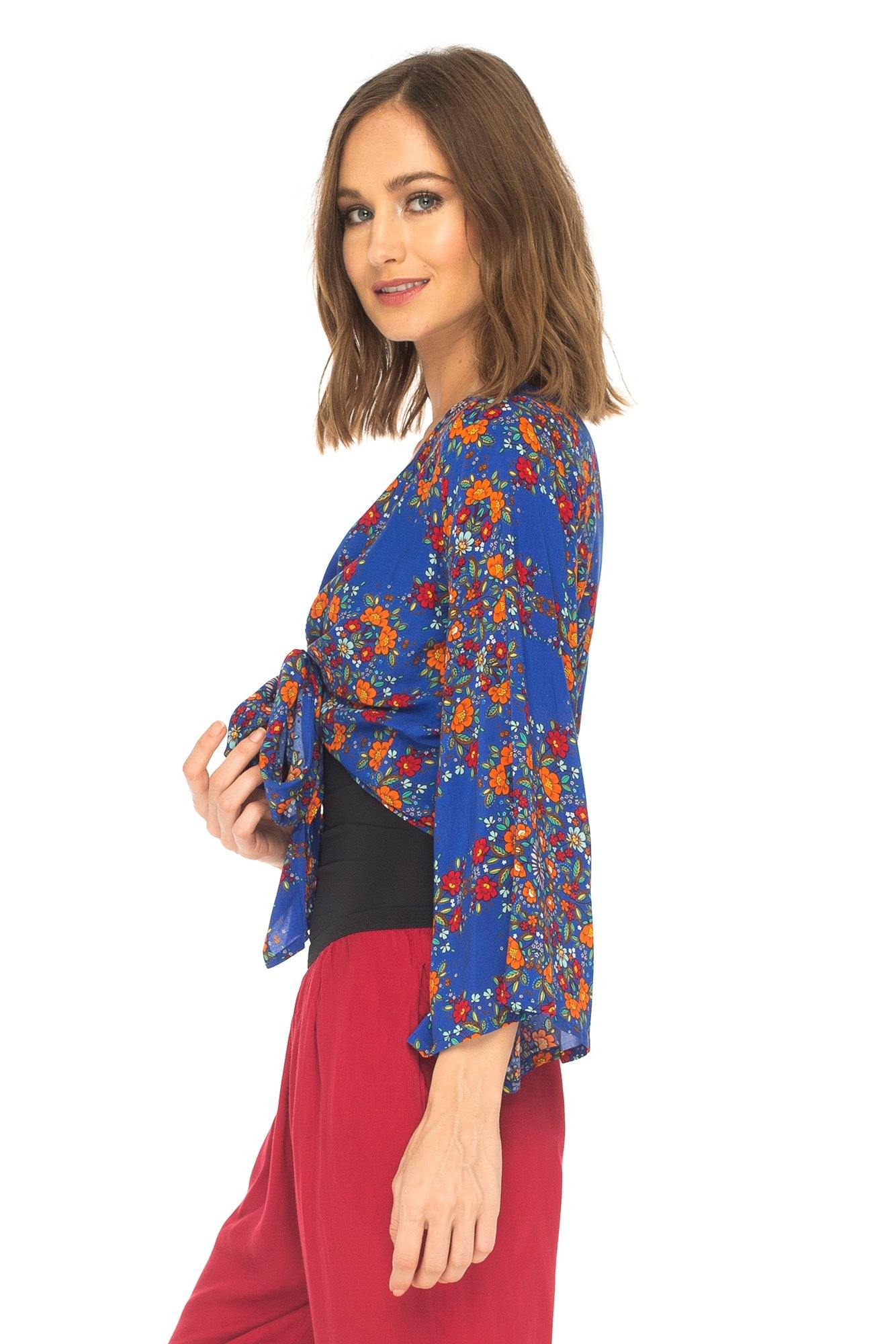 SHU - SHI Women's Floral Print Long Sleeve Crop Top Tie Front Shirt - Love ShuShi