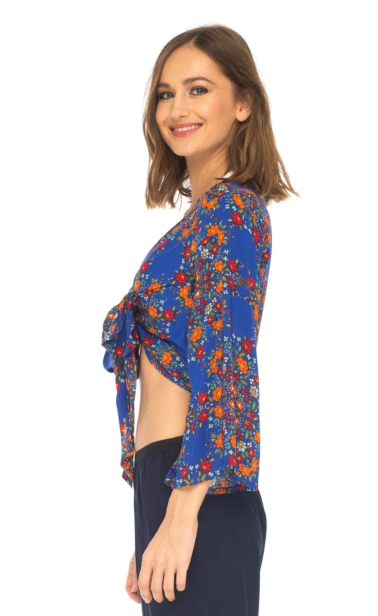 SHU - SHI Women's Floral Print Long Sleeve Crop Top Tie Front Shirt - Love ShuShi