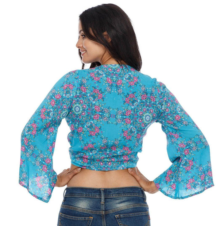 SHU - SHI Women's Floral Print Long Sleeve Crop Top Tie Front Shirt - Love ShuShi