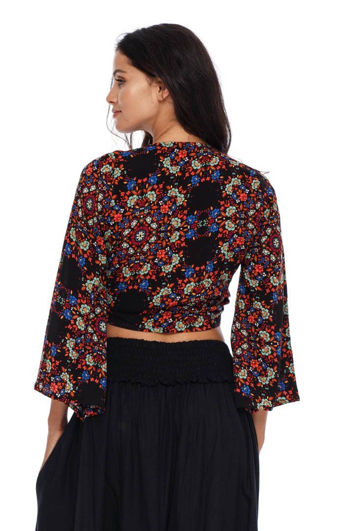 SHU - SHI Women's Floral Print Long Sleeve Crop Top Tie Front Shirt - Love ShuShi