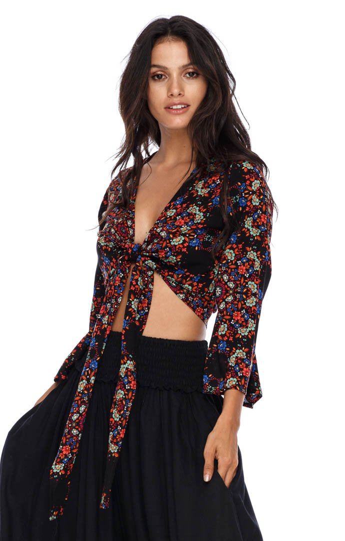 SHU - SHI Women's Floral Print Long Sleeve Crop Top Tie Front Shirt - Love ShuShi