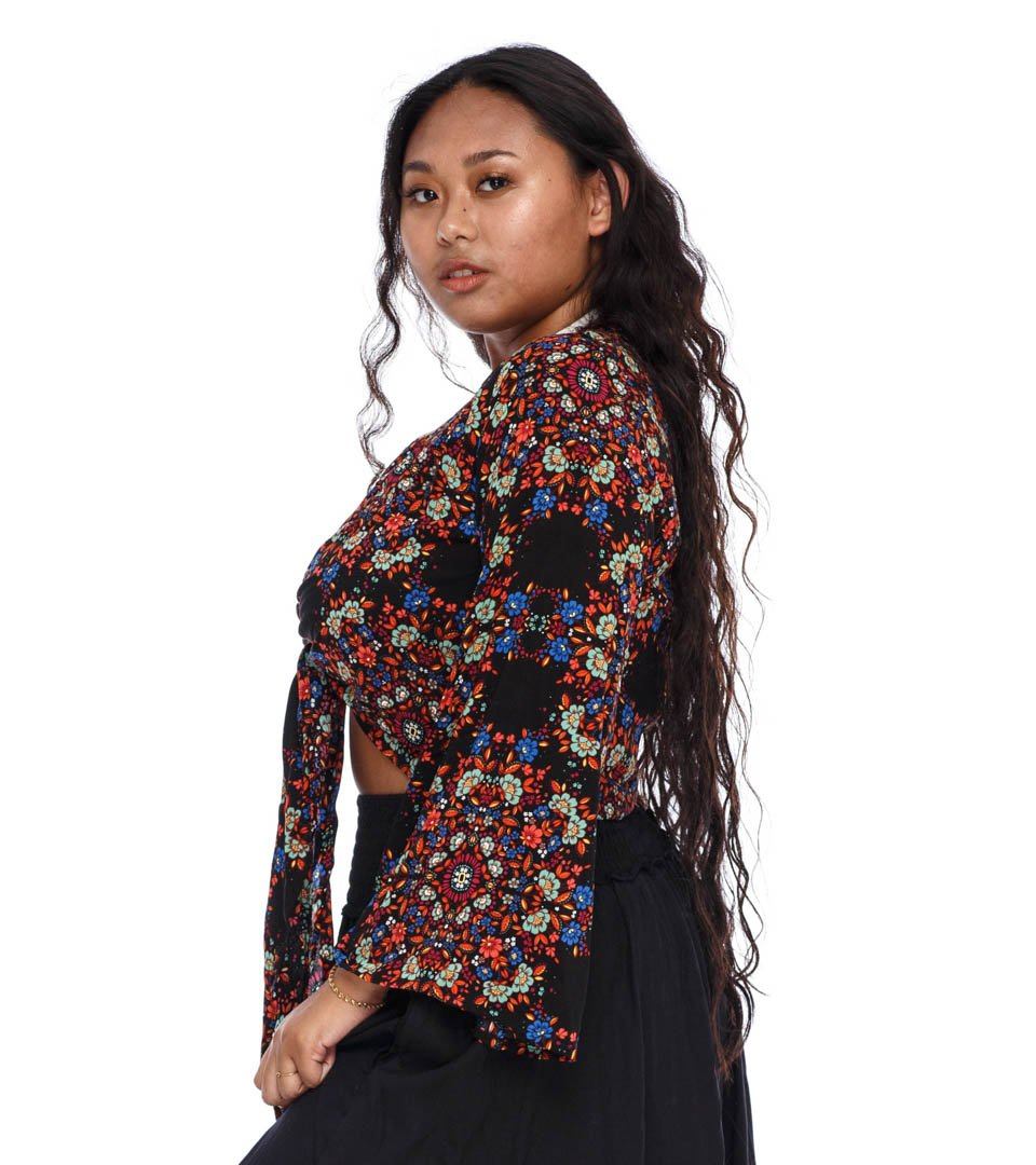 SHU - SHI Women's Floral Print Long Sleeve Crop Top Tie Front Shirt - Love ShuShi