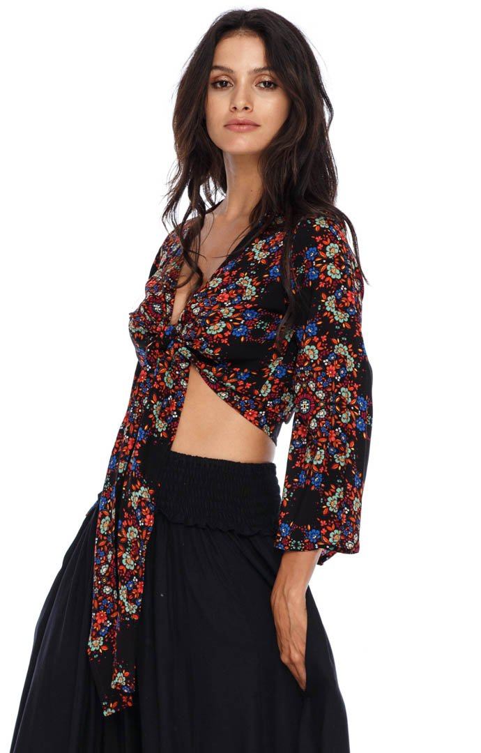 SHU - SHI Women's Floral Print Long Sleeve Crop Top Tie Front Shirt - Love ShuShi