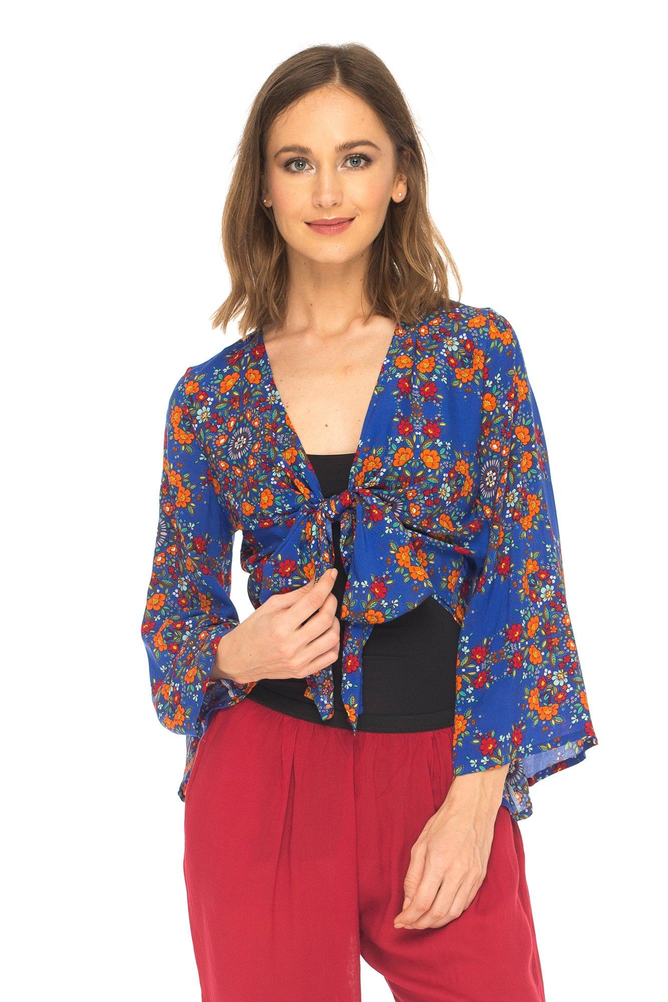 SHU - SHI Women's Floral Print Long Sleeve Crop Top Tie Front Shirt - Love ShuShi