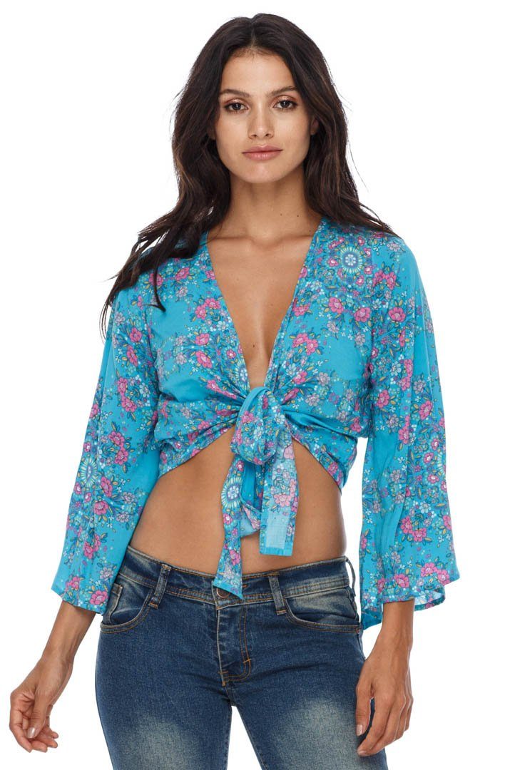 SHU - SHI Women's Floral Print Long Sleeve Crop Top Tie Front Shirt - Love ShuShi