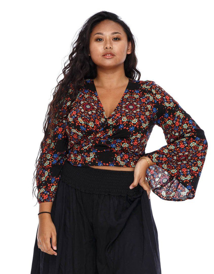 SHU - SHI Women's Floral Print Long Sleeve Crop Top Tie Front Shirt - Love ShuShi