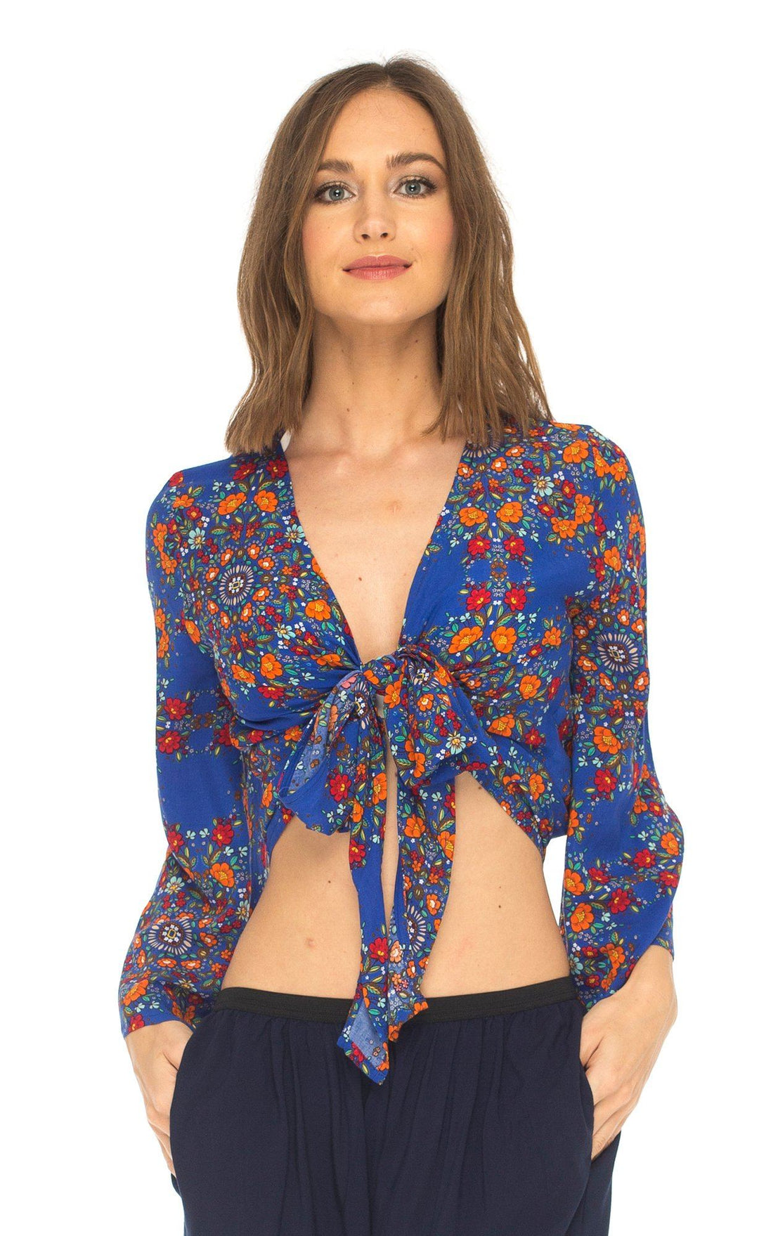 SHU - SHI Women's Floral Print Long Sleeve Crop Top Tie Front Shirt - Love ShuShi