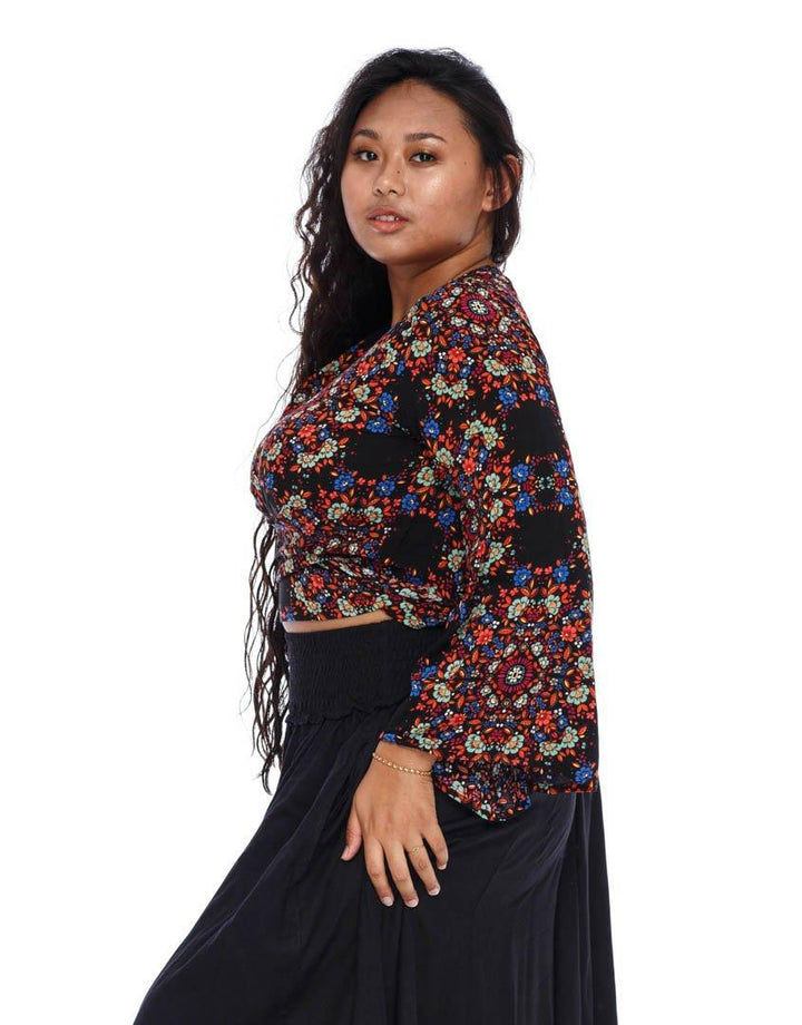 SHU - SHI Women's Floral Print Long Sleeve Crop Top Tie Front Shirt - Love ShuShi