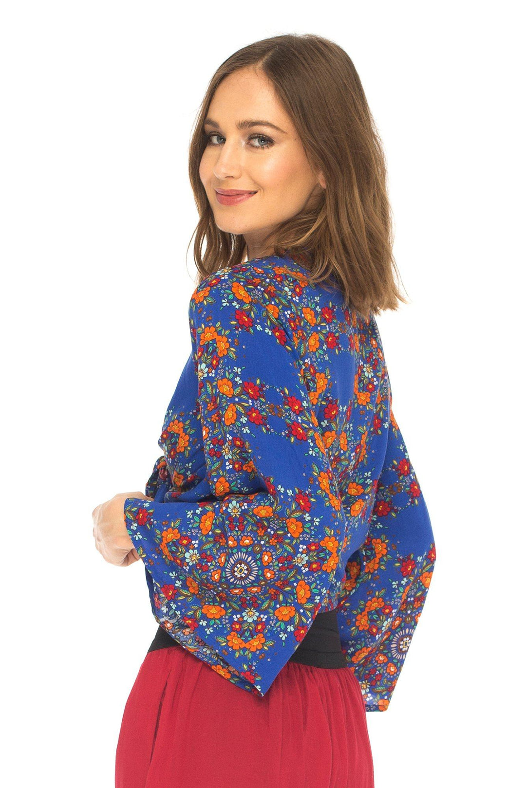 SHU - SHI Women's Floral Print Long Sleeve Crop Top Tie Front Shirt - Love ShuShi