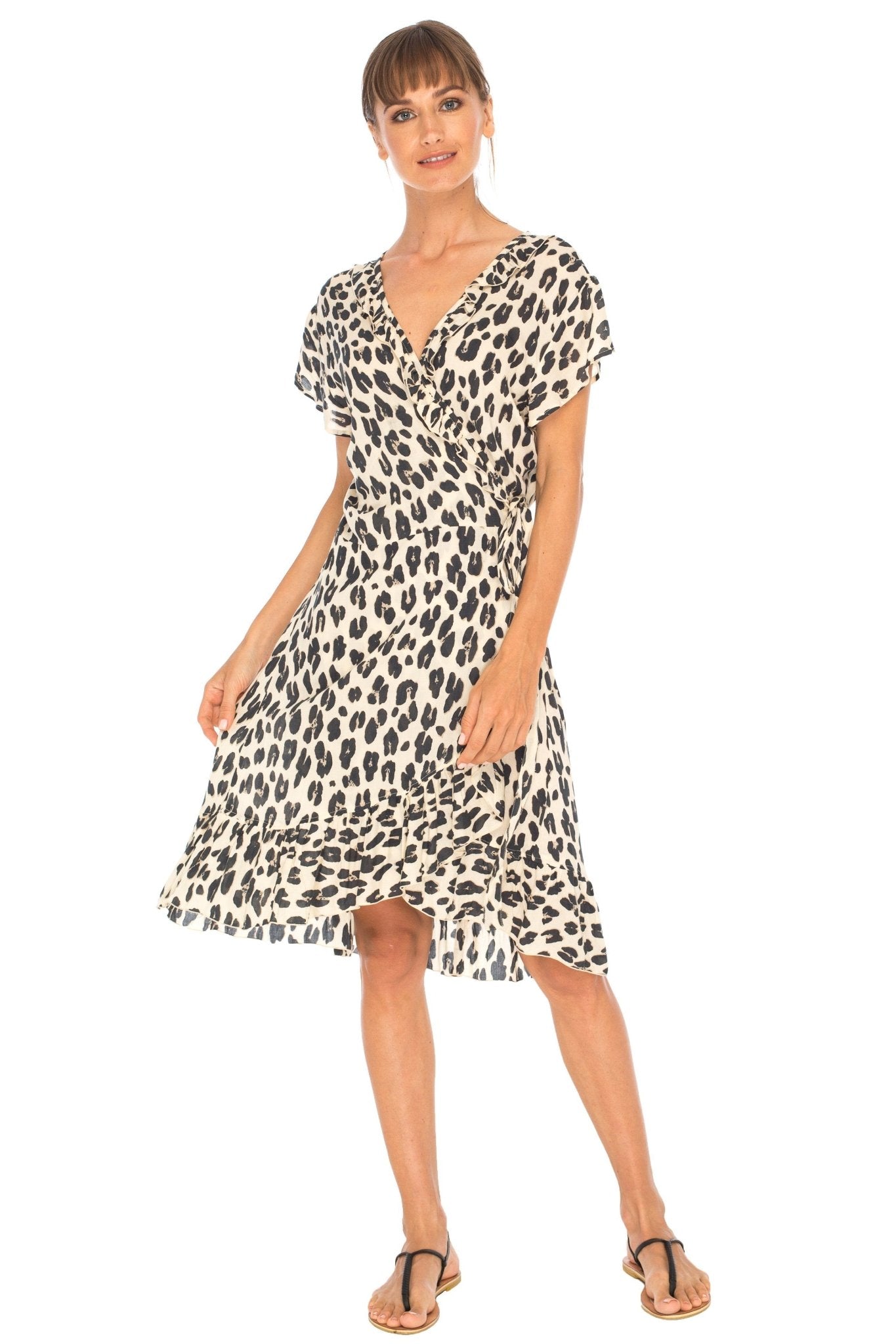 SHU - SHI Women's Flowy Short Leopard Print Wrap Dress with Cap Sleeves & Ruffle Trim - Love ShuShi