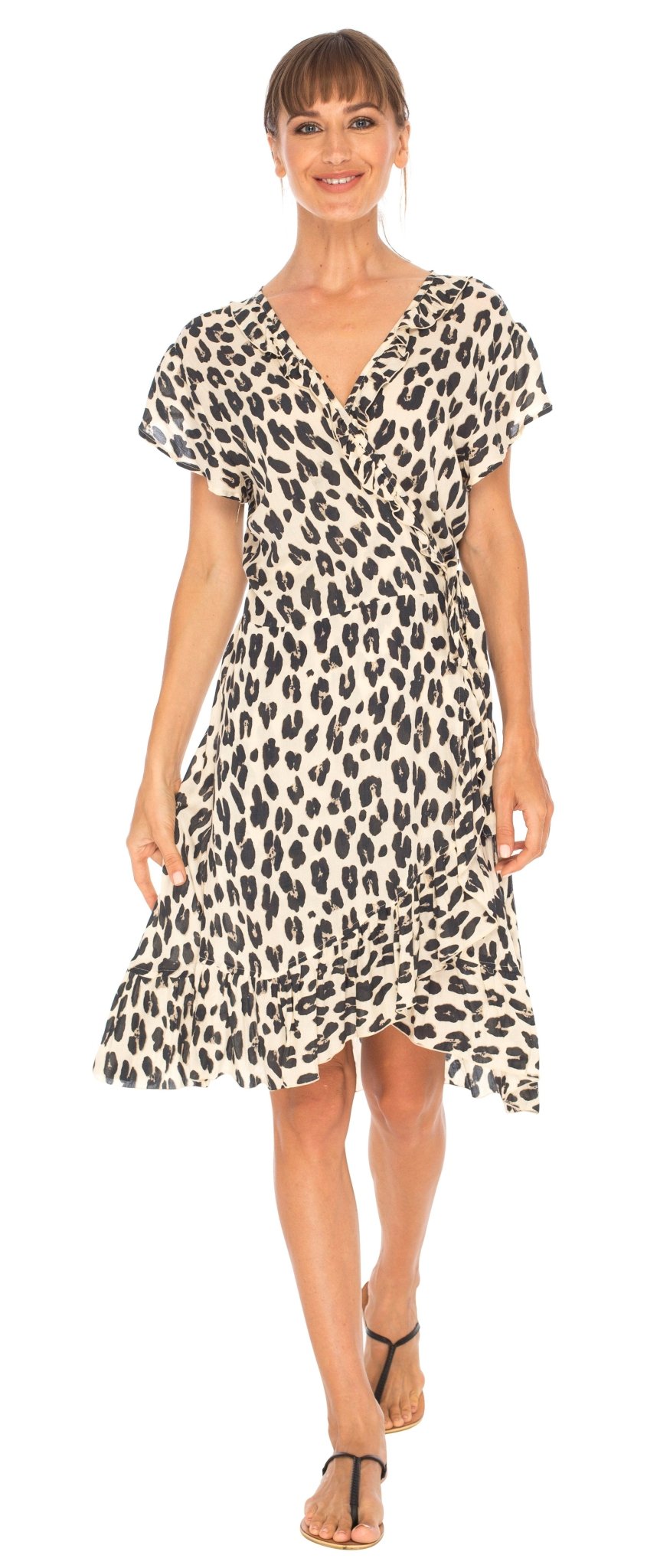 SHU - SHI Women's Flowy Short Leopard Print Wrap Dress with Cap Sleeves & Ruffle Trim - Love ShuShi