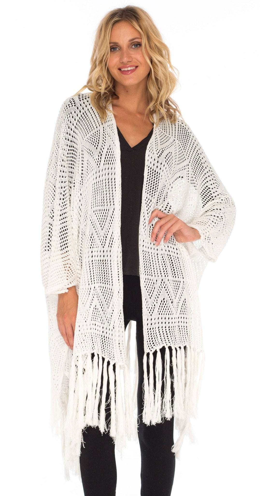 SHU - SHI Womens Fringed Knit Open Front Kimono Shawl Wraps Long Cardigan Beach Cover Up - Love ShuShi