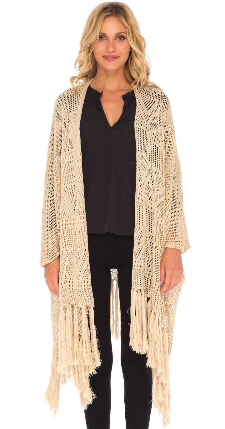 SHU - SHI Womens Fringed Knit Open Front Kimono Shawl Wraps Long Cardigan Beach Cover Up - Love ShuShi