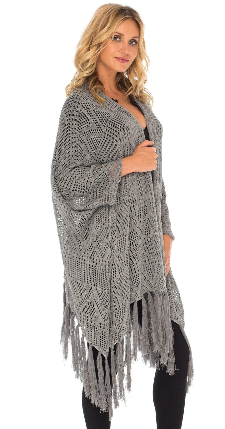 SHU - SHI Womens Fringed Knit Open Front Kimono Shawl Wraps Long Cardigan Beach Cover Up - Love ShuShi