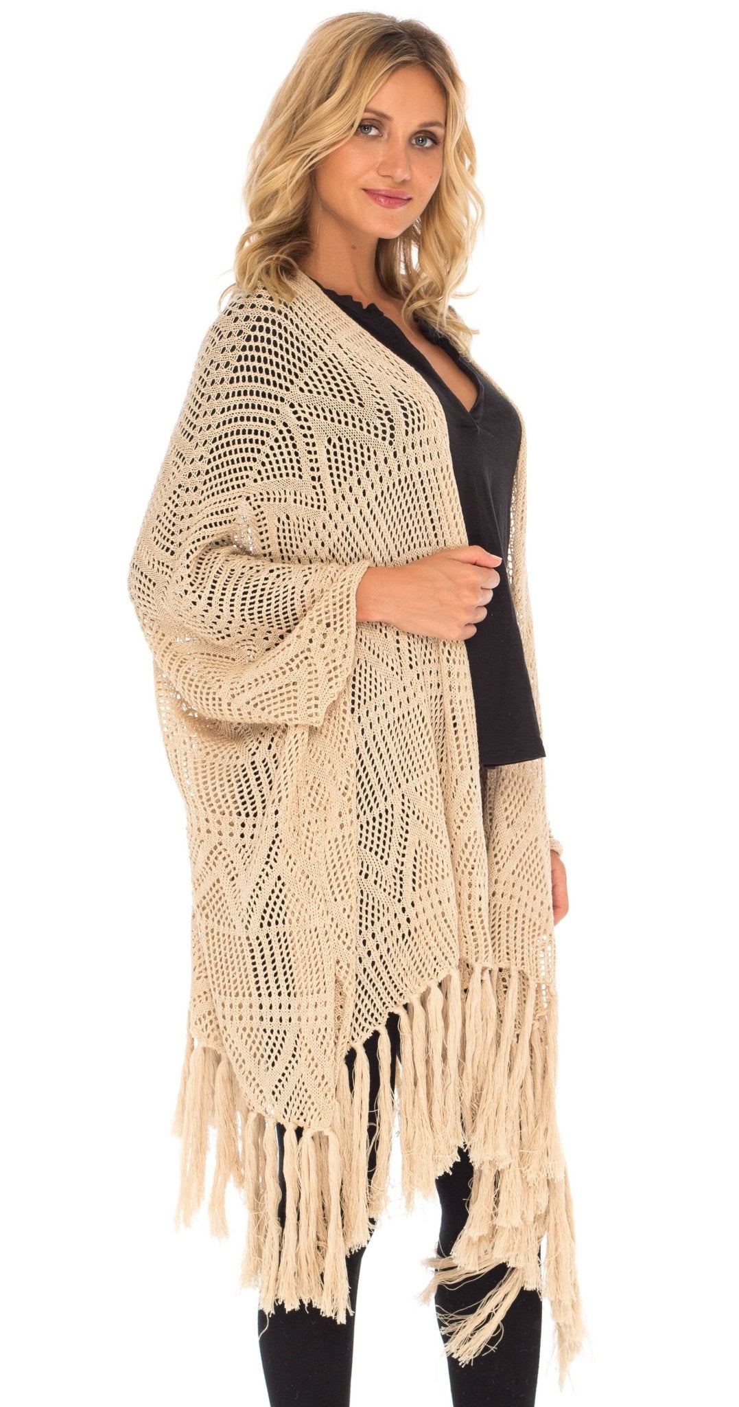 SHU - SHI Womens Fringed Knit Open Front Kimono Shawl Wraps Long Cardigan Beach Cover Up - Love ShuShi