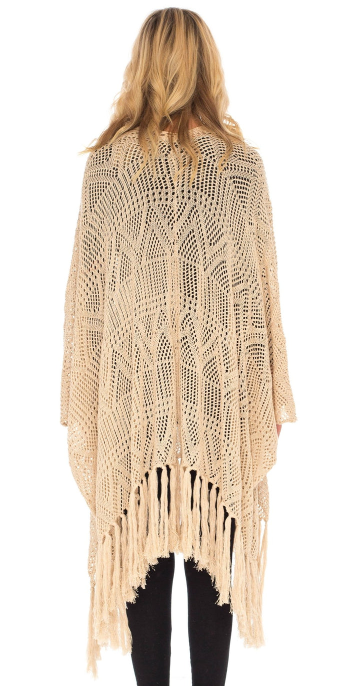 SHU - SHI Womens Fringed Knit Open Front Kimono Shawl Wraps Long Cardigan Beach Cover Up - Love ShuShi