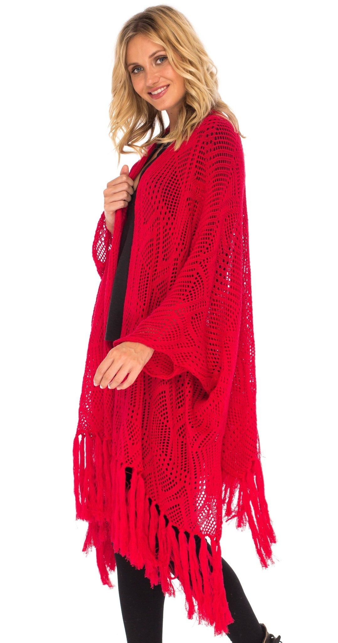 SHU - SHI Womens Fringed Knit Open Front Kimono Shawl Wraps Long Cardigan Beach Cover Up - Love ShuShi