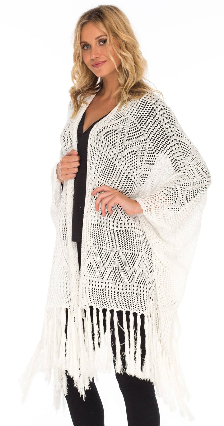 SHU - SHI Womens Fringed Knit Open Front Kimono Shawl Wraps Long Cardigan Beach Cover Up - Love ShuShi