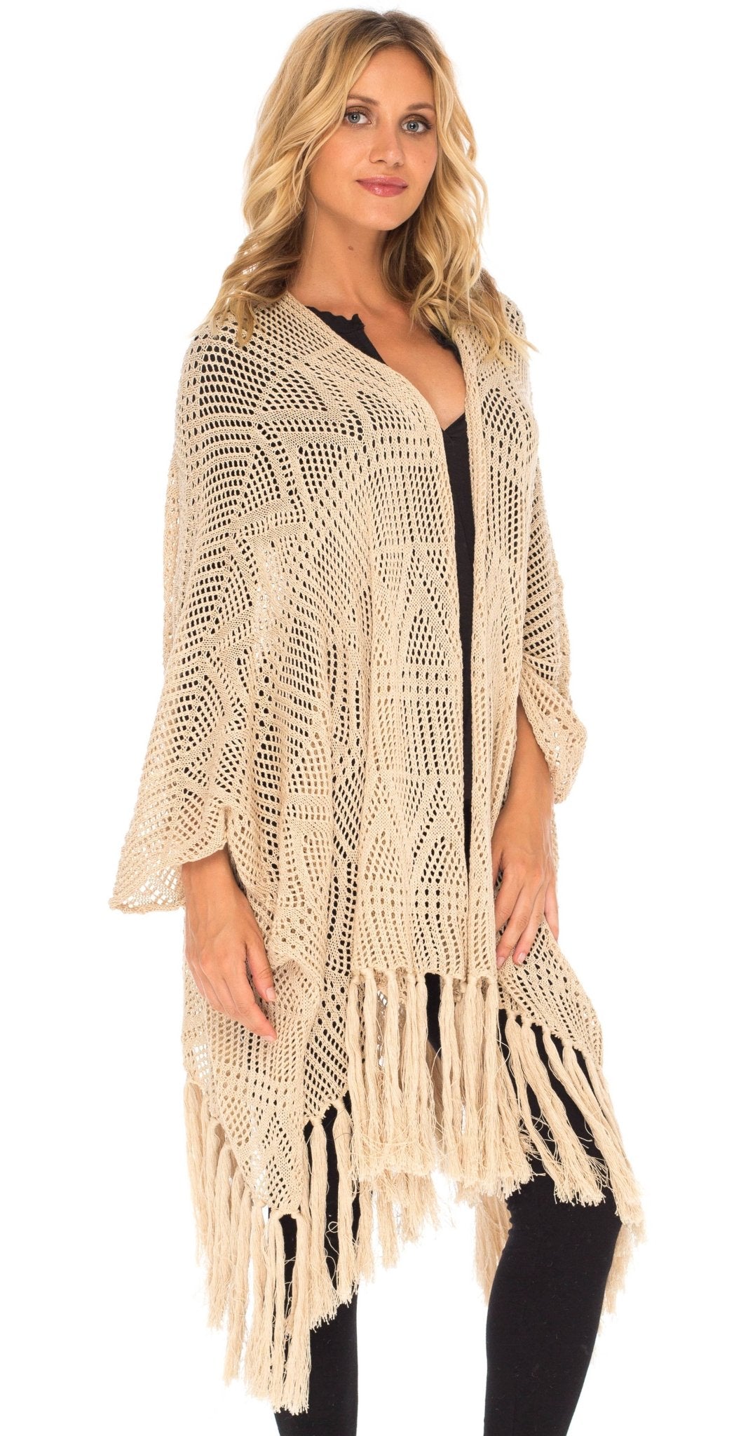 SHU - SHI Womens Fringed Knit Open Front Kimono Shawl Wraps Long Cardigan Beach Cover Up - Love ShuShi