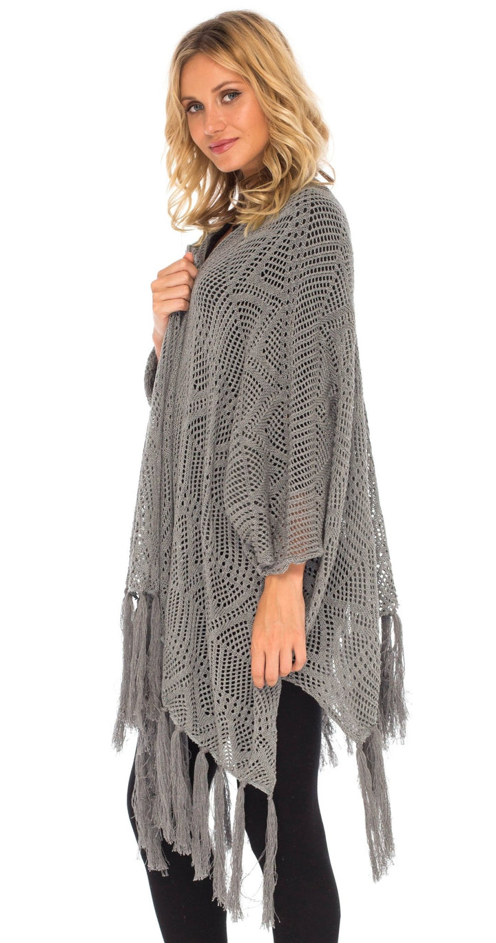 SHU - SHI Womens Fringed Knit Open Front Kimono Shawl Wraps Long Cardigan Beach Cover Up - Love ShuShi