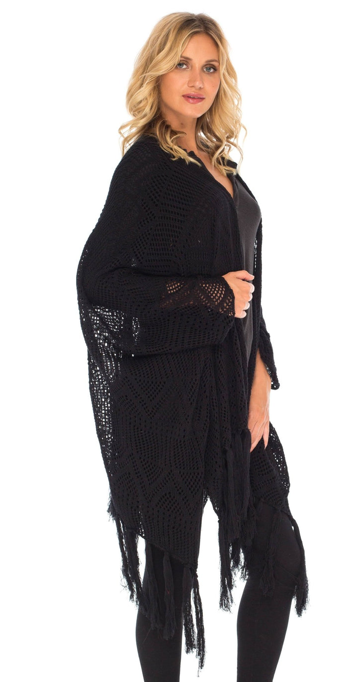 SHU - SHI Womens Fringed Knit Open Front Kimono Shawl Wraps Long Cardigan Beach Cover Up - Love ShuShi