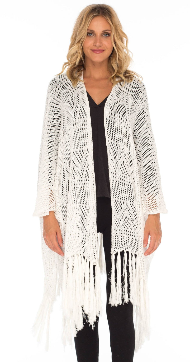 SHU - SHI Womens Fringed Knit Open Front Kimono Shawl Wraps Long Cardigan Beach Cover Up - Love ShuShi