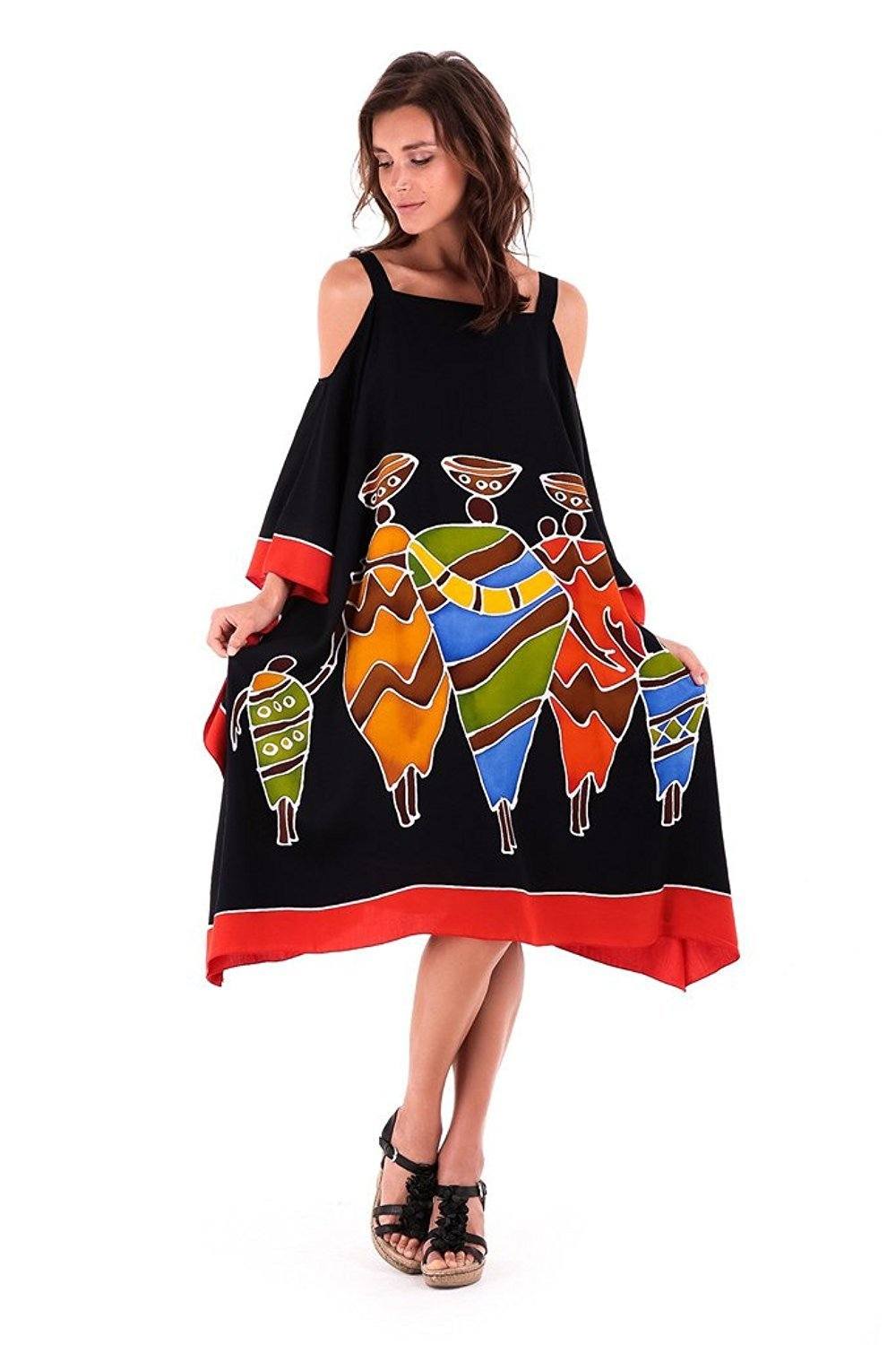 SHU - SHI Women's Hand Painted Tribal Poncho Dress | Loose Beach Cover Up | Short Cold Shoulder Tunic with Cut Outs - Love ShuShi