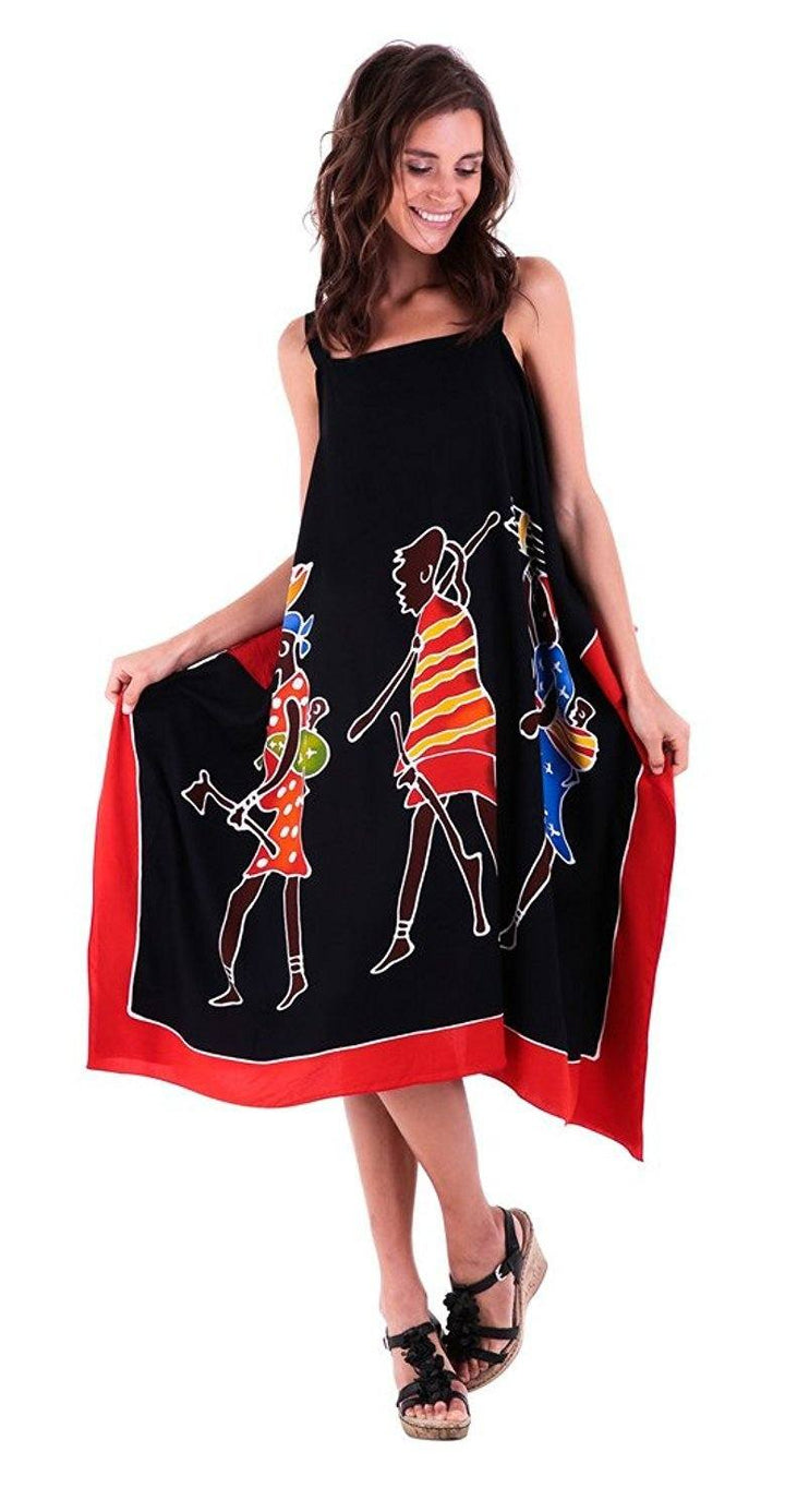 SHU - SHI Women's Hand Painted Tribal Poncho Dress | Loose Beach Cover Up | Short Cold Shoulder Tunic with Cut Outs - Love ShuShi