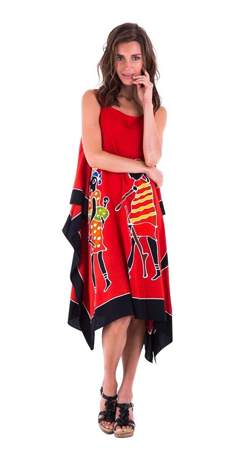 SHU - SHI Women's Hand Painted Tribal Poncho Dress | Loose Beach Cover Up | Short Cold Shoulder Tunic with Cut Outs - Love ShuShi