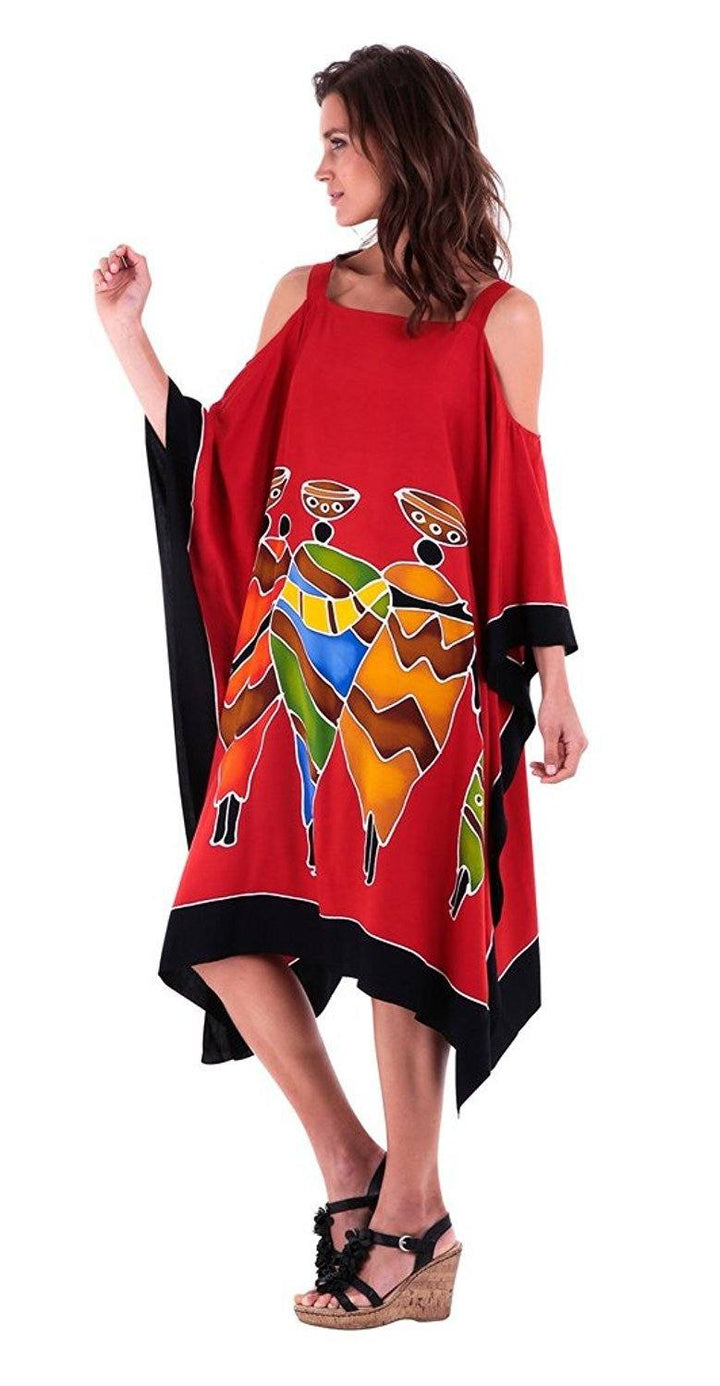 SHU - SHI Women's Hand Painted Tribal Poncho Dress | Loose Beach Cover Up | Short Cold Shoulder Tunic with Cut Outs - Love ShuShi