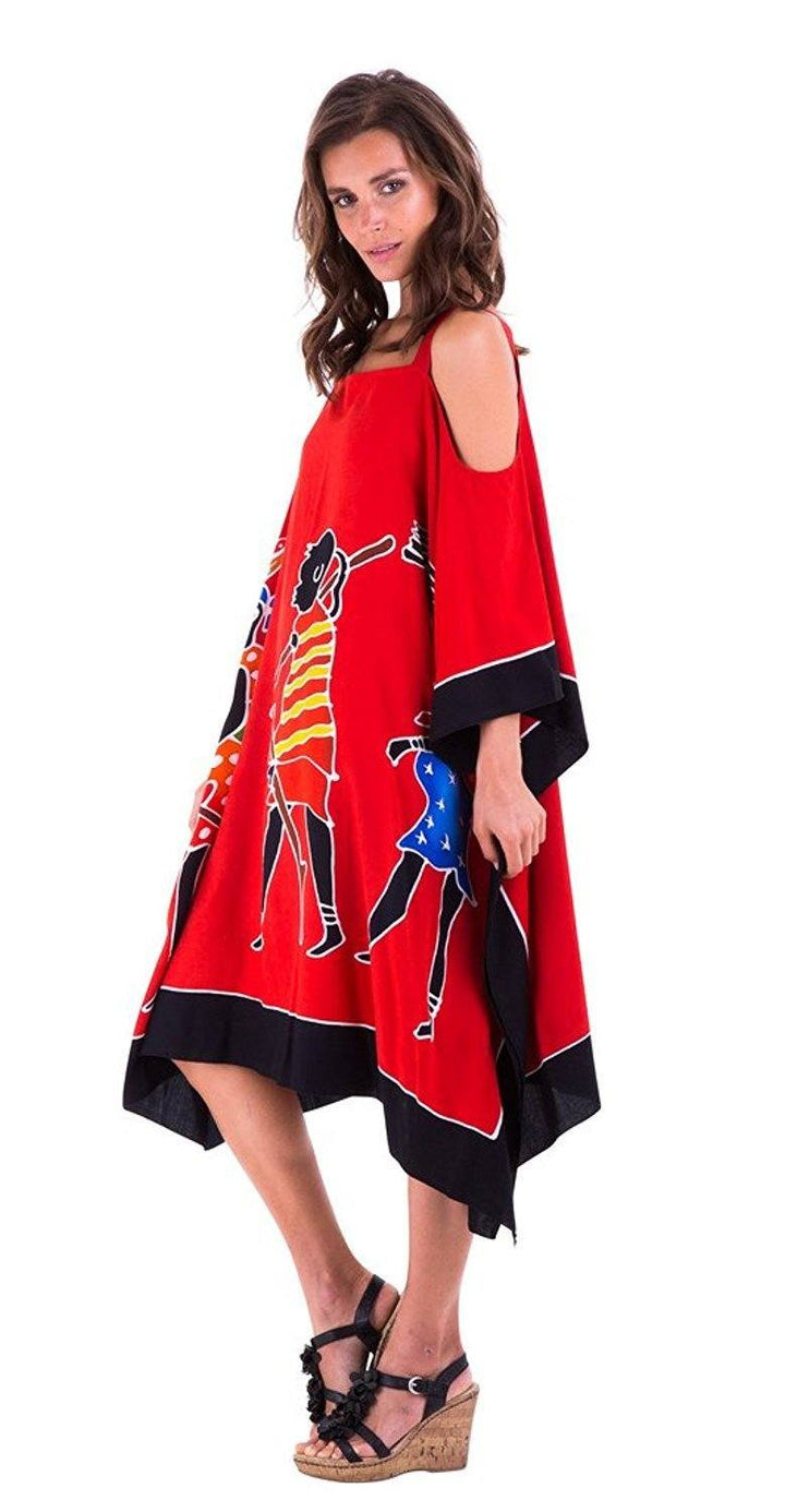 SHU - SHI Women's Hand Painted Tribal Poncho Dress | Loose Beach Cover Up | Short Cold Shoulder Tunic with Cut Outs - Love ShuShi