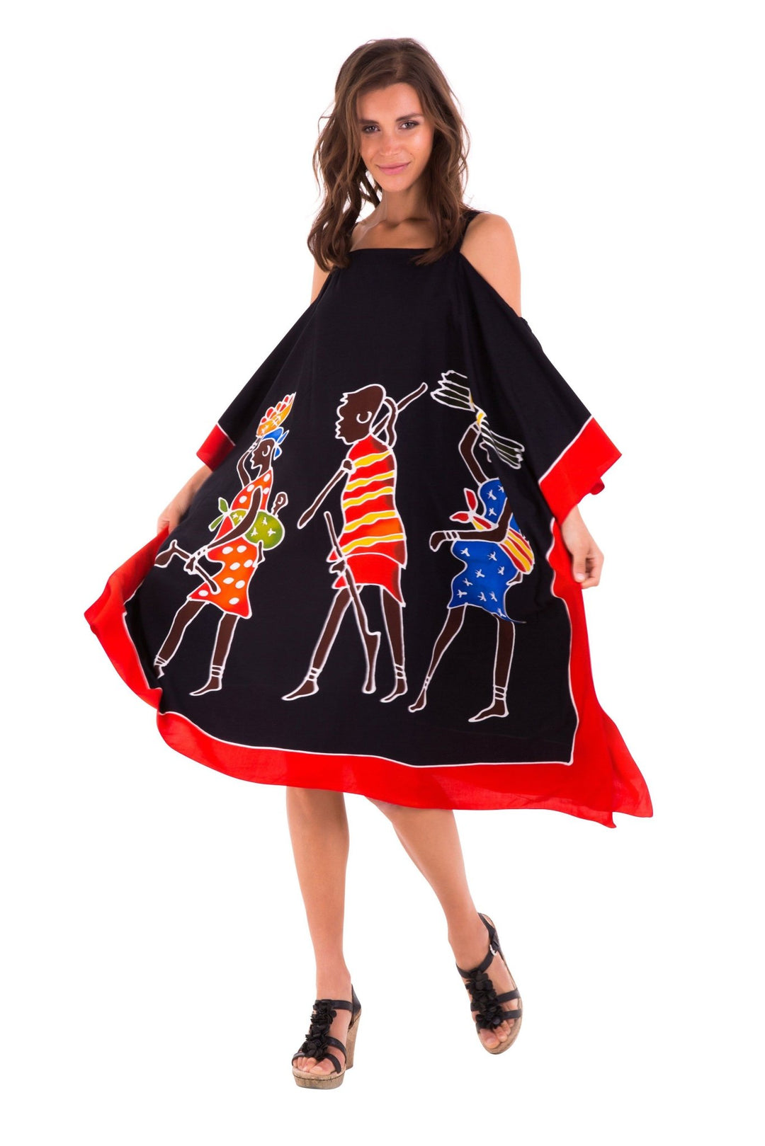 SHU - SHI Women's Hand Painted Tribal Poncho Dress | Loose Beach Cover Up | Short Cold Shoulder Tunic with Cut Outs - Love ShuShi