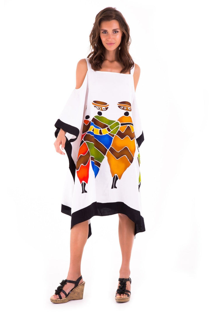 SHU - SHI Women's Hand Painted Tribal Poncho Dress | Loose Beach Cover Up | Short Cold Shoulder Tunic with Cut Outs - Love ShuShi