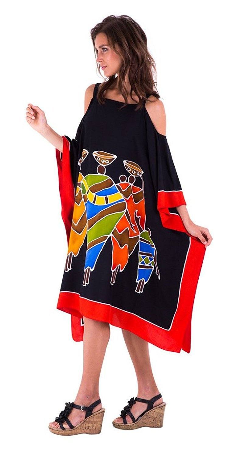 SHU - SHI Women's Hand Painted Tribal Poncho Dress | Loose Beach Cover Up | Short Cold Shoulder Tunic with Cut Outs - Love ShuShi