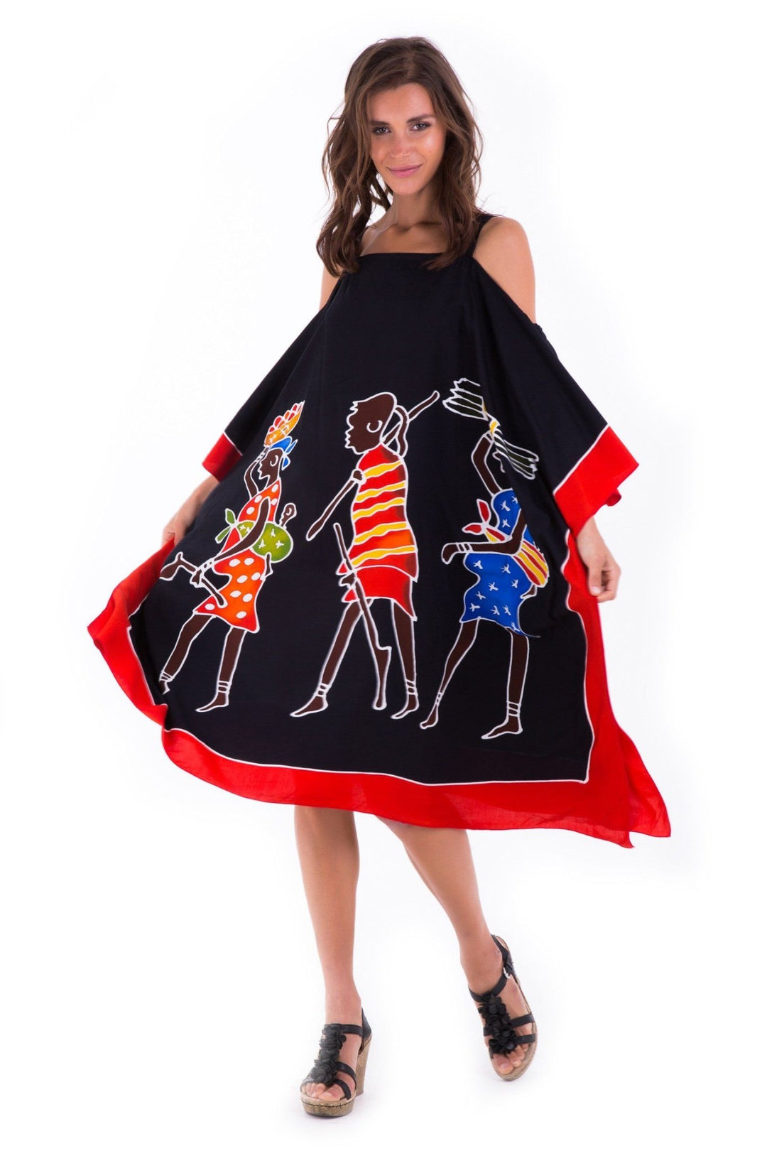 SHU - SHI Women's Hand Painted Tribal Poncho Dress | Loose Beach Cover Up | Short Cold Shoulder Tunic with Cut Outs - Love ShuShi