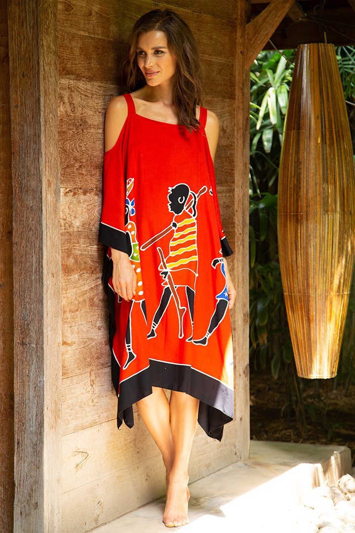 SHU - SHI Women's Hand Painted Tribal Poncho Dress | Loose Beach Cover Up | Short Cold Shoulder Tunic with Cut Outs - Love ShuShi