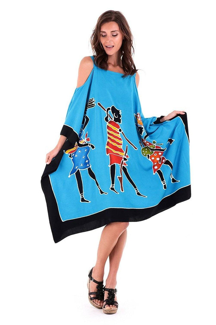 SHU - SHI Women's Hand Painted Tribal Poncho Dress | Loose Beach Cover Up | Short Cold Shoulder Tunic with Cut Outs - Love ShuShi