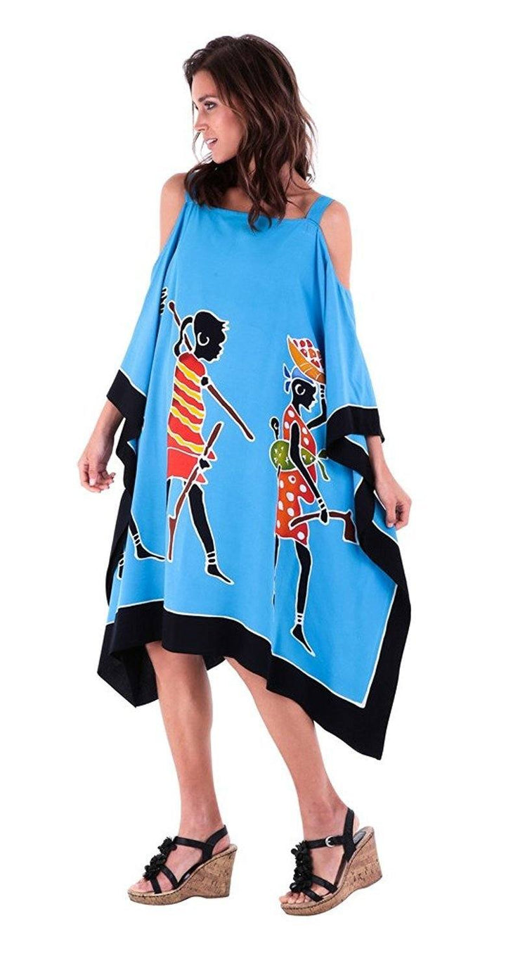 SHU - SHI Women's Hand Painted Tribal Poncho Dress | Loose Beach Cover Up | Short Cold Shoulder Tunic with Cut Outs - Love ShuShi