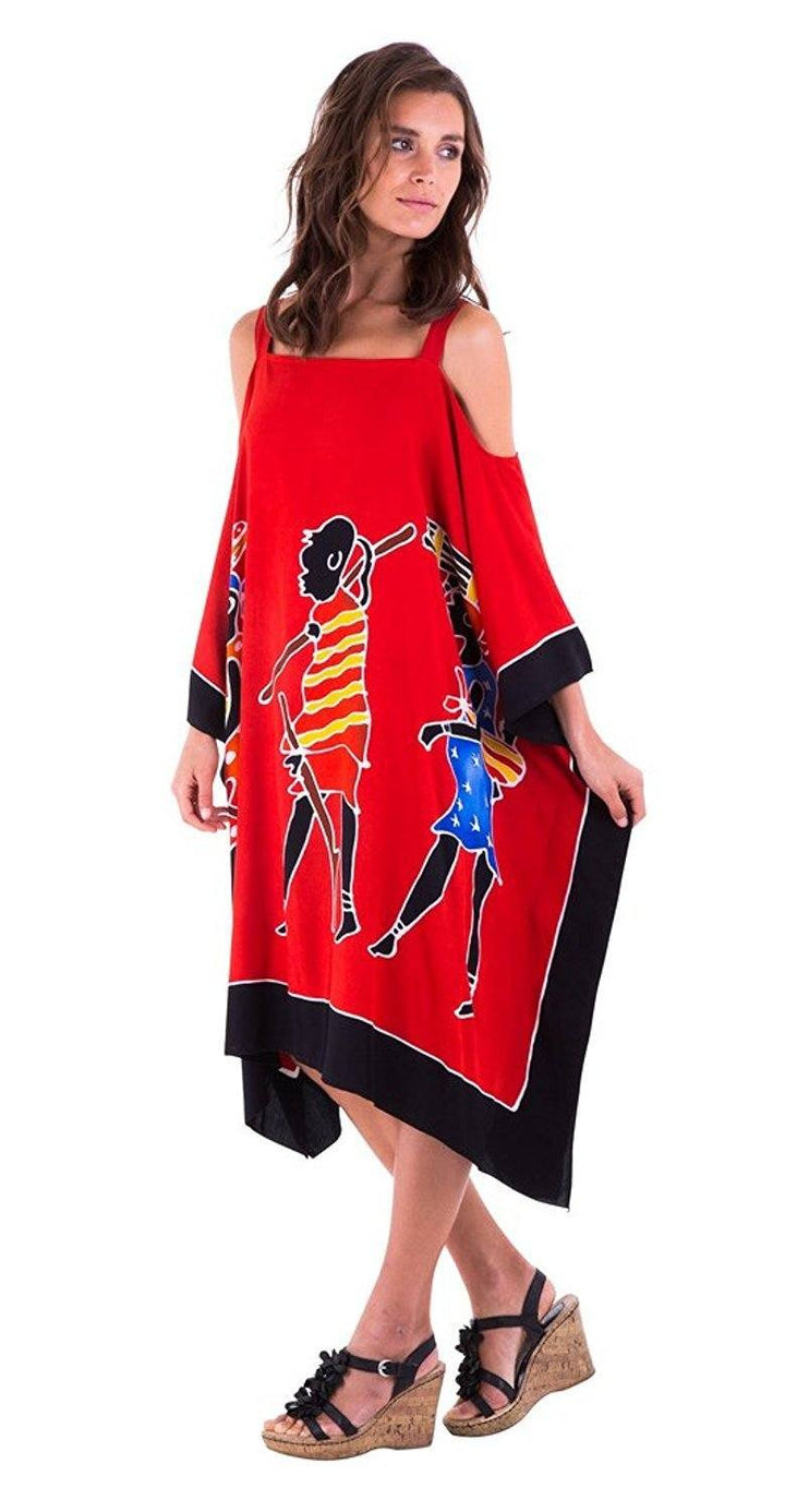 SHU - SHI Women's Hand Painted Tribal Poncho Dress | Loose Beach Cover Up | Short Cold Shoulder Tunic with Cut Outs - Love ShuShi