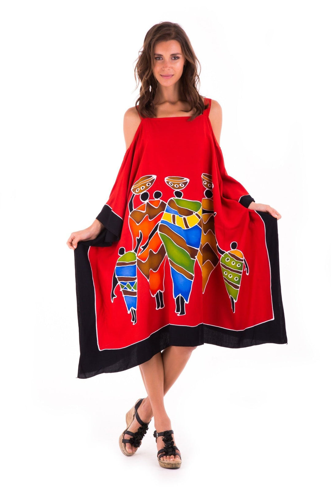 SHU - SHI Women's Hand Painted Tribal Poncho Dress | Loose Beach Cover Up | Short Cold Shoulder Tunic with Cut Outs - Love ShuShi