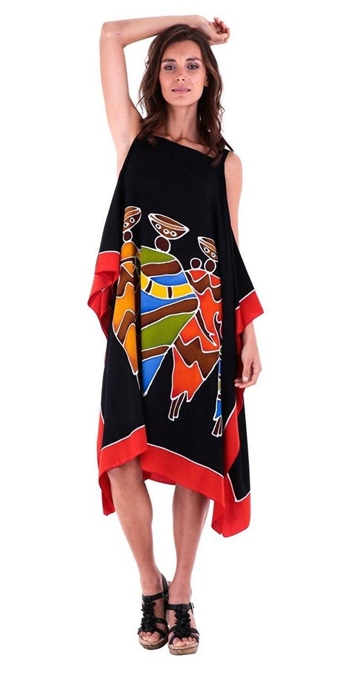 SHU - SHI Women's Hand Painted Tribal Poncho Dress | Loose Beach Cover Up | Short Cold Shoulder Tunic with Cut Outs - Love ShuShi