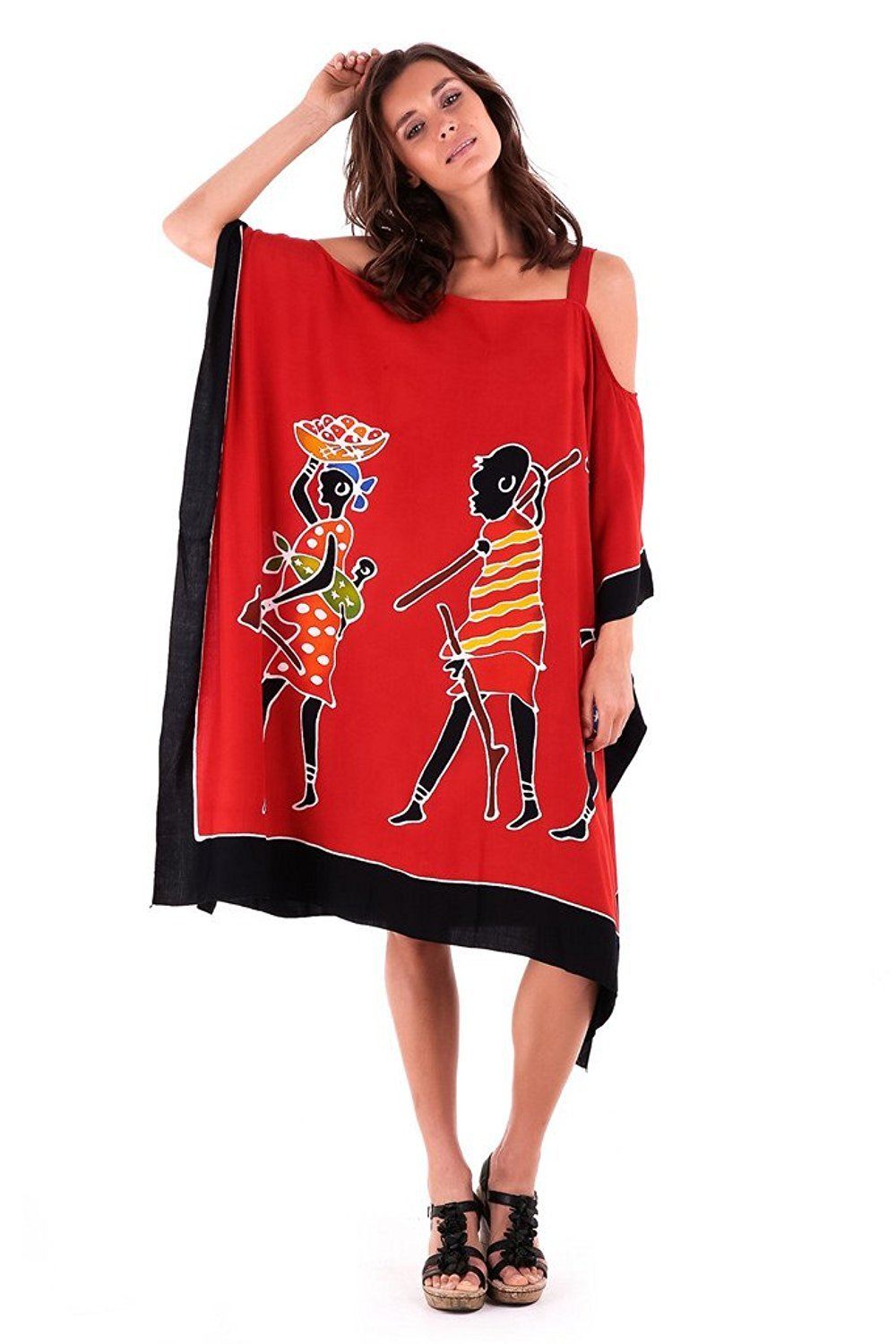 SHU - SHI Women's Hand Painted Tribal Poncho Dress | Loose Beach Cover Up | Short Cold Shoulder Tunic with Cut Outs - Love ShuShi