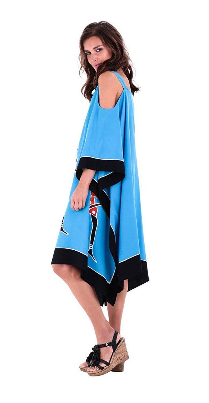 SHU - SHI Women's Hand Painted Tribal Poncho Dress | Loose Beach Cover Up | Short Cold Shoulder Tunic with Cut Outs - Love ShuShi