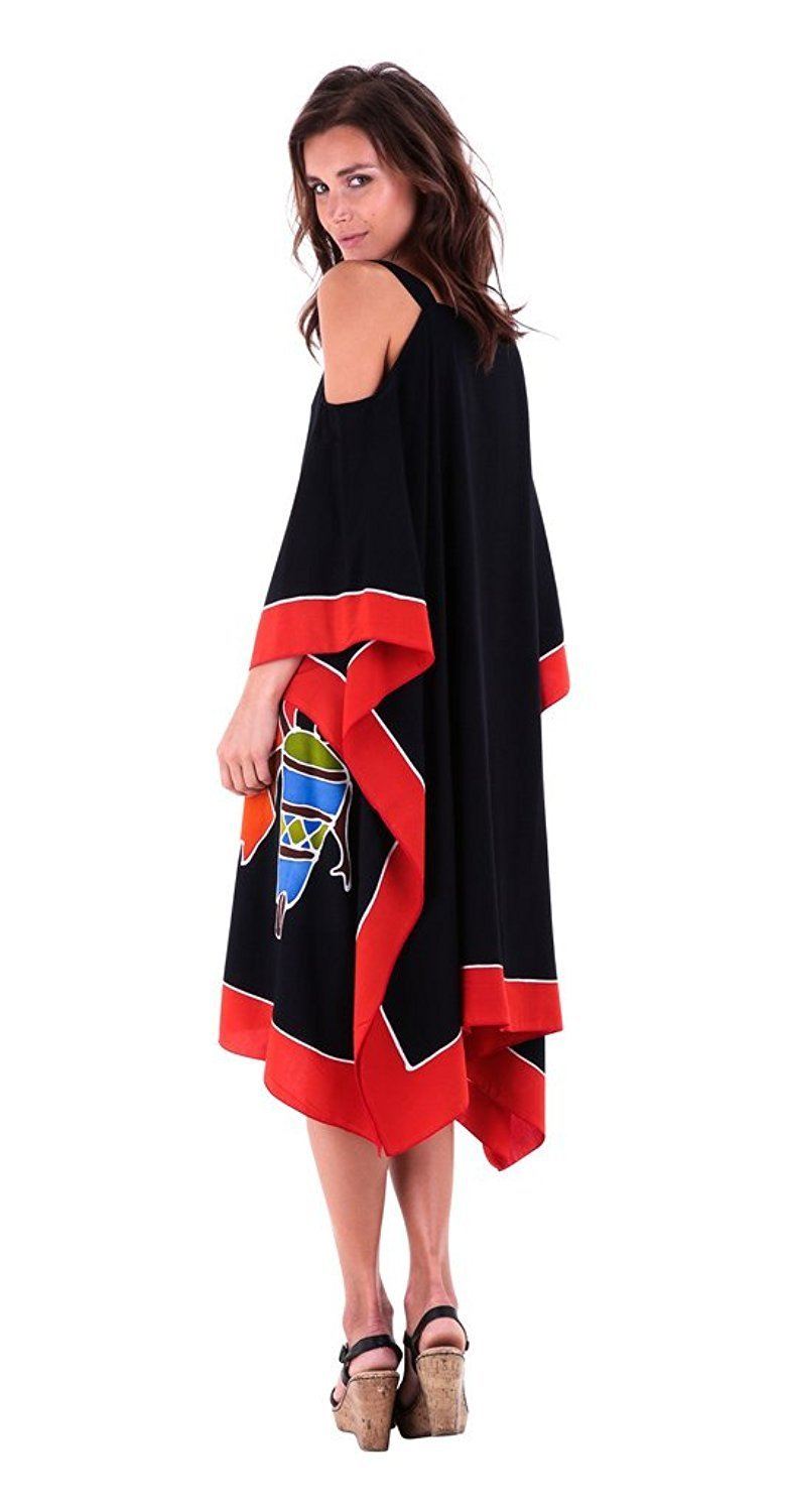 SHU - SHI Women's Hand Painted Tribal Poncho Dress | Loose Beach Cover Up | Short Cold Shoulder Tunic with Cut Outs - Love ShuShi