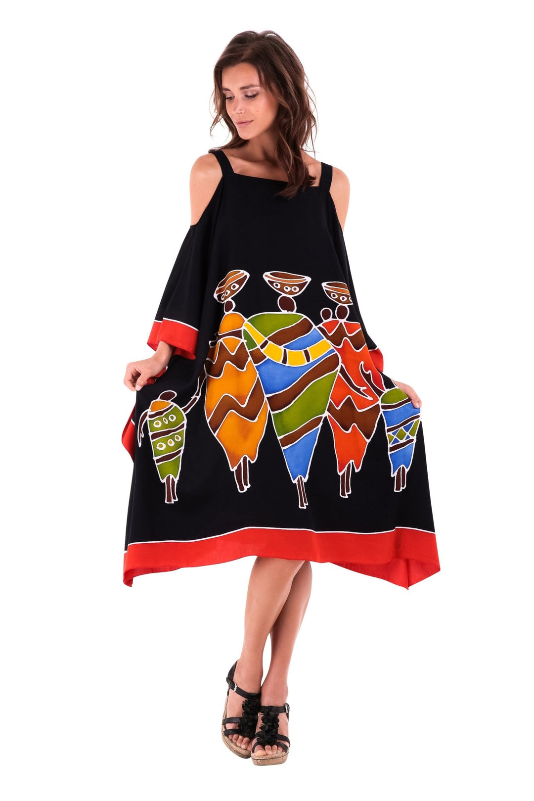 SHU - SHI Women's Hand Painted Tribal Poncho Dress | Loose Beach Cover Up | Short Cold Shoulder Tunic with Cut Outs - Love ShuShi