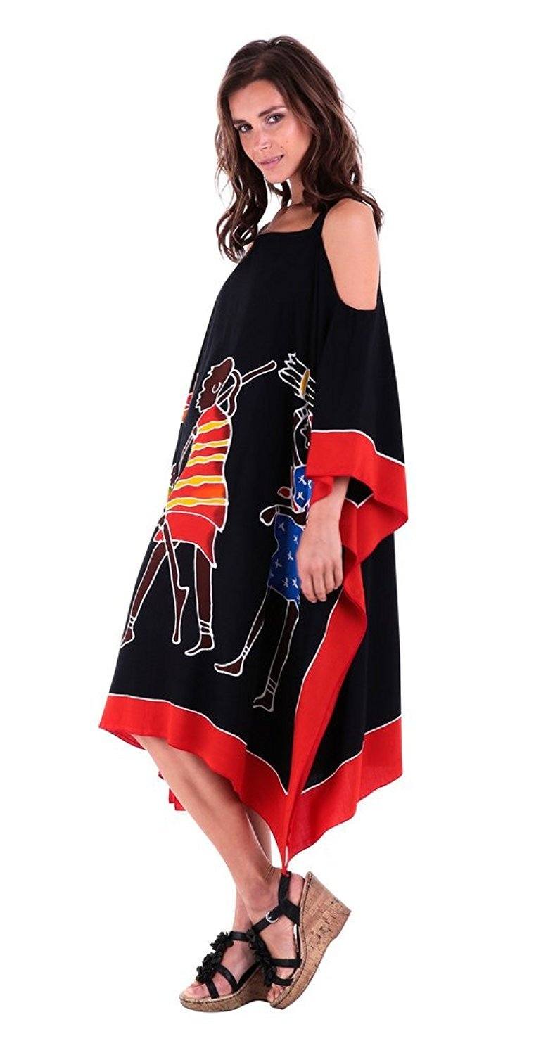 SHU - SHI Women's Hand Painted Tribal Poncho Dress | Loose Beach Cover Up | Short Cold Shoulder Tunic with Cut Outs - Love ShuShi