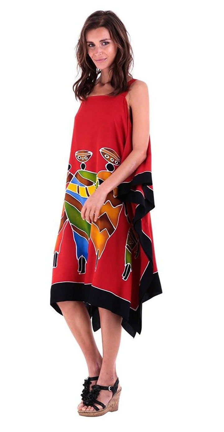 SHU - SHI Women's Hand Painted Tribal Poncho Dress | Loose Beach Cover Up | Short Cold Shoulder Tunic with Cut Outs - Love ShuShi