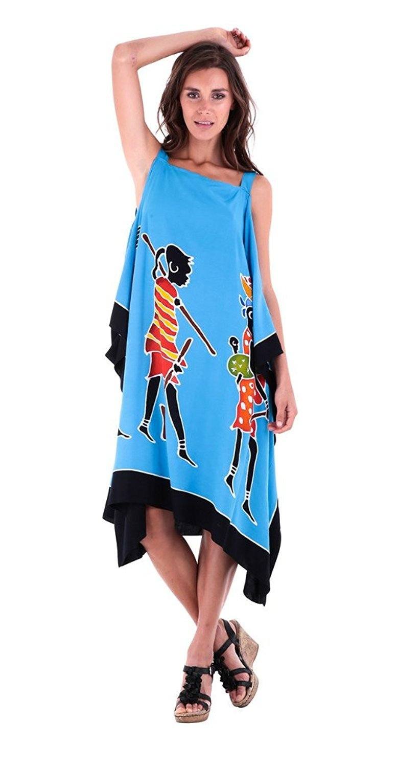 SHU - SHI Women's Hand Painted Tribal Poncho Dress | Loose Beach Cover Up | Short Cold Shoulder Tunic with Cut Outs - Love ShuShi